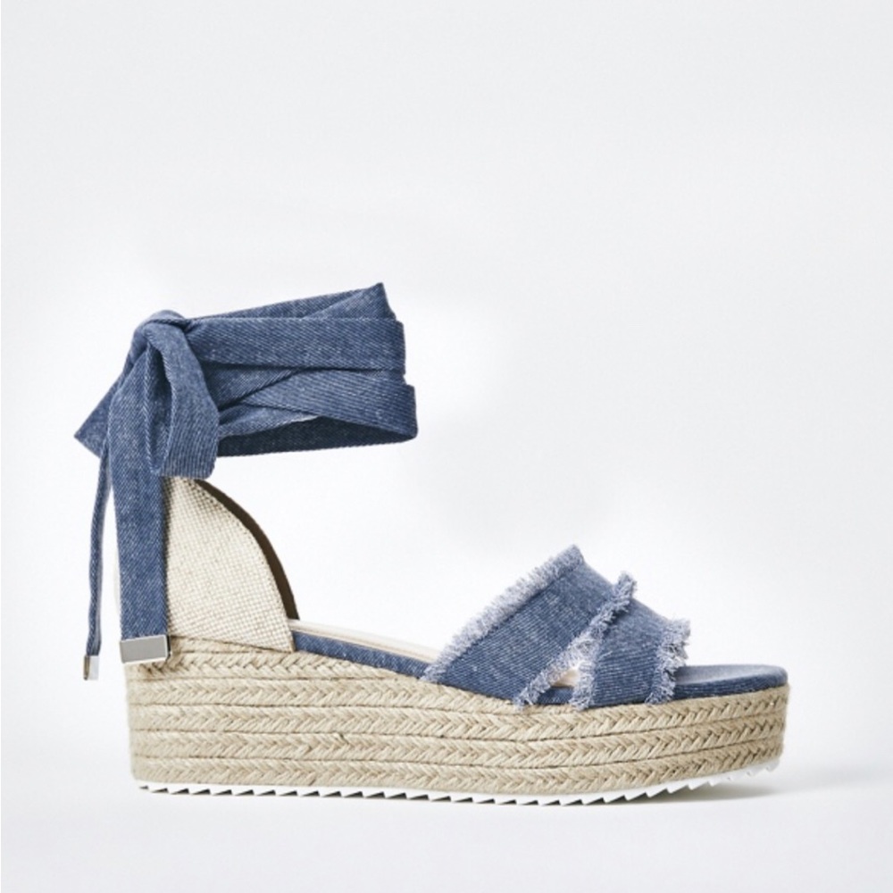 JUST FAB Denim Jeans Espadrille Platform Wedge Sandal - NWOT - Size 8